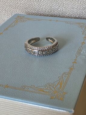 Silver Tone Adjustable CZ Band Ring Princess Cut Rhinestones